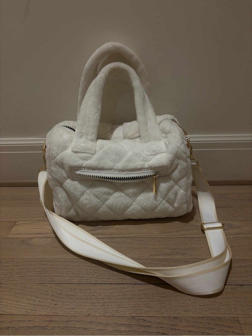 Oliver Thomas Quilted White Plush Crossbody Satchel